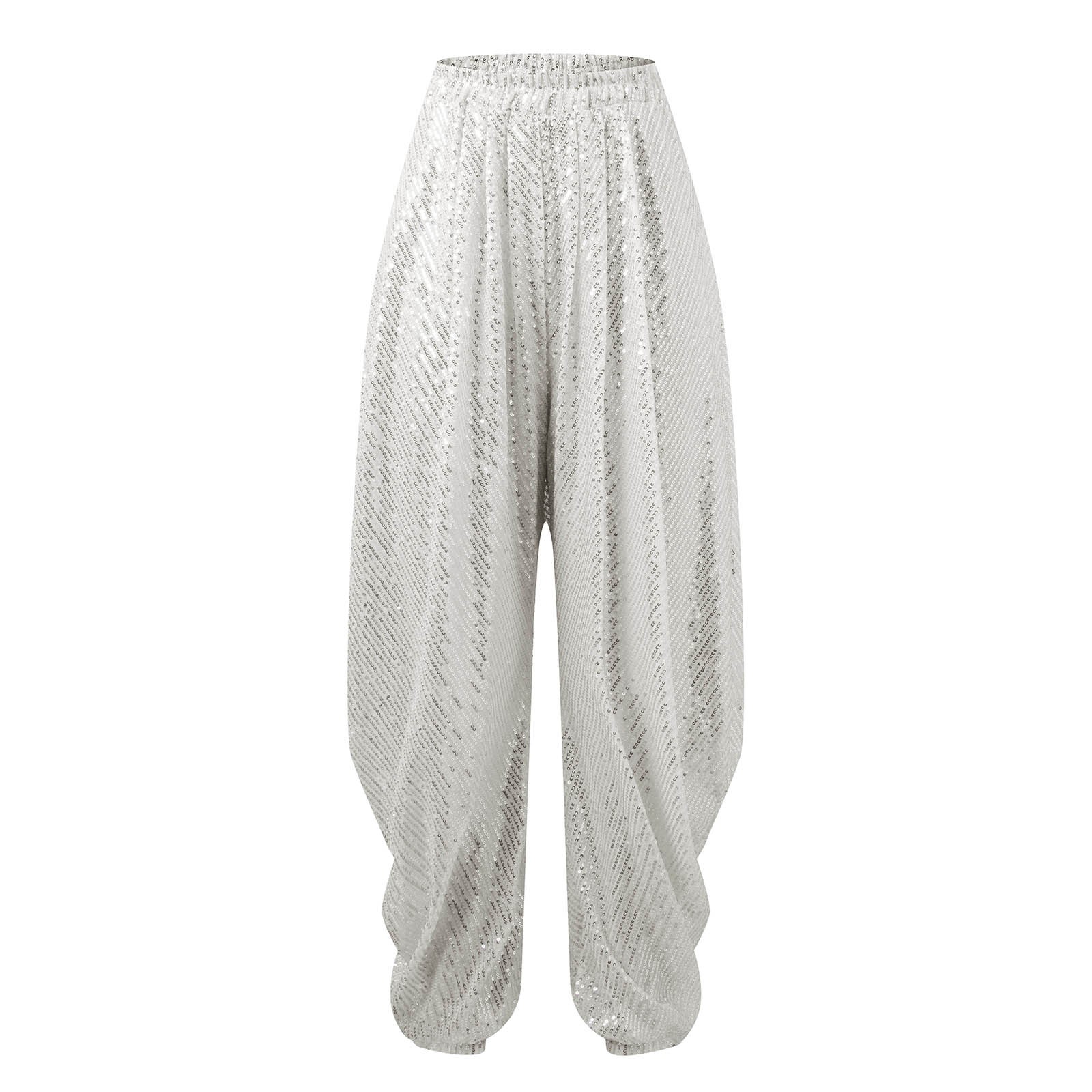 thumbnail image 4 of Pantalones harem con cintura elástica y lentejuelas para mujer: corte holgado, cintura media, bolsillos, pantalones bombachos informales de color liso para fiestas/uso diario, 4 of 7